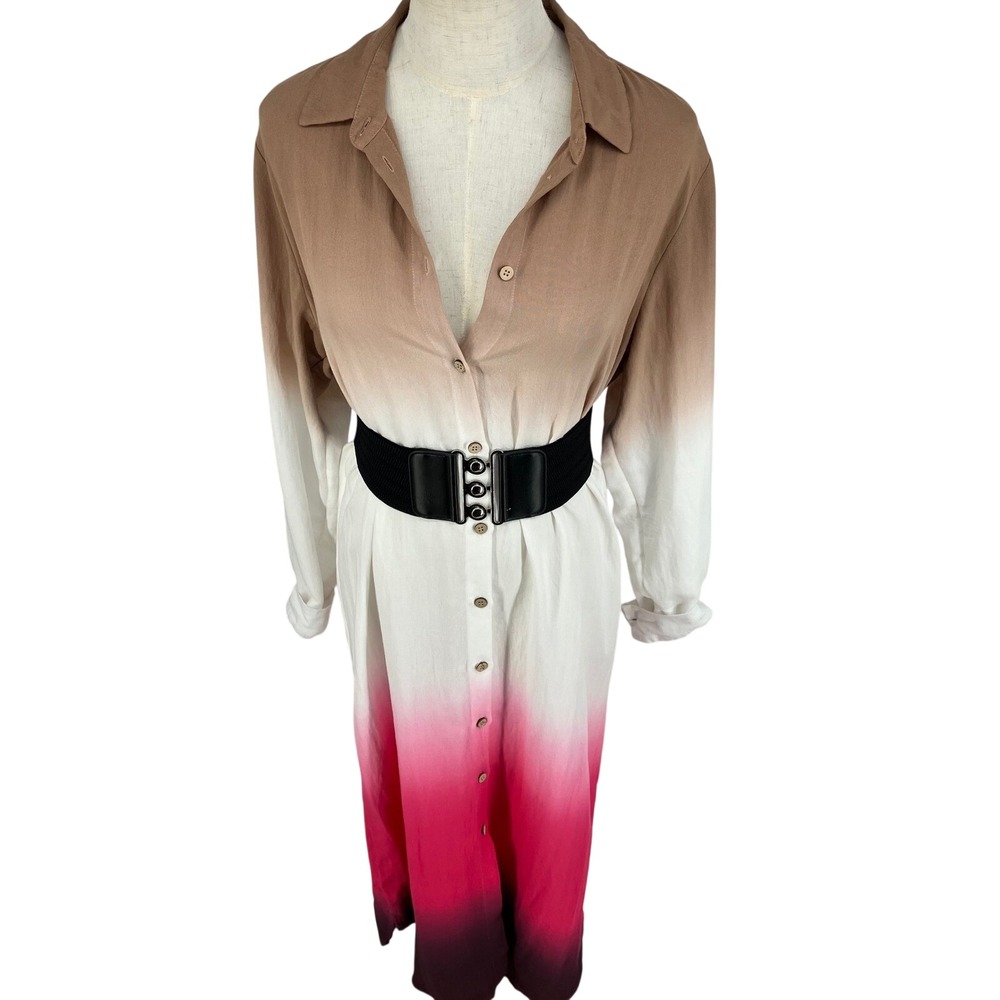 Ombre Shirt Dress Tan Pink Button Front Maxi Gradient Minimalist Chic Art Deco S - Picture 4 of 9